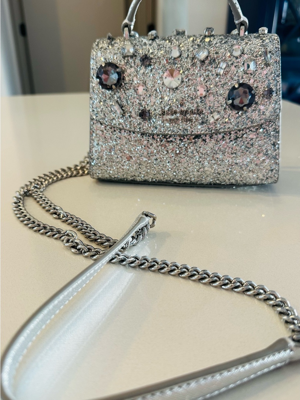 kate spade Silver Glitter Jeweled Mini Crossbody Bag NWOT